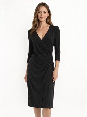Frank Lyman Classic Black Faux Wrap Midi Dress Size 8